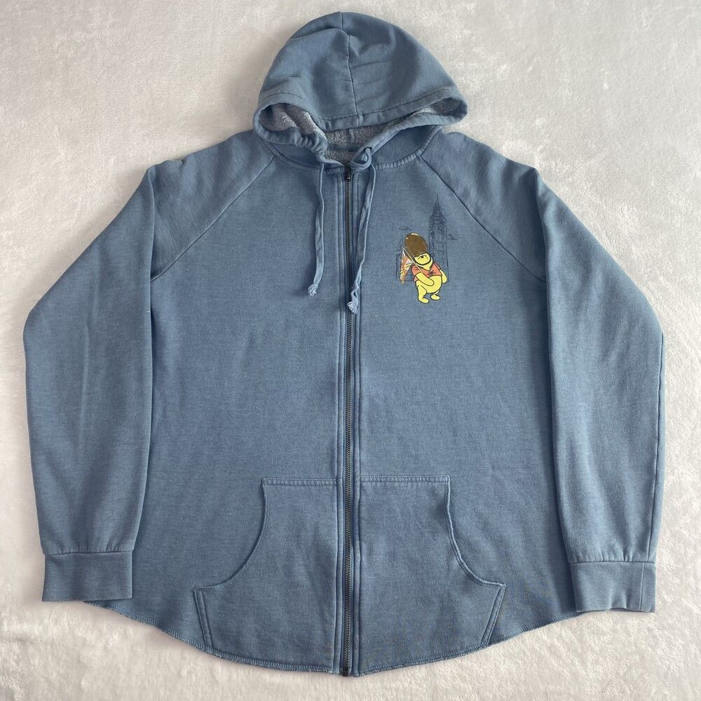 Disney Winnie the Pooh London Graphic Zip Up Sweater Womens L Blue Sweatshirt